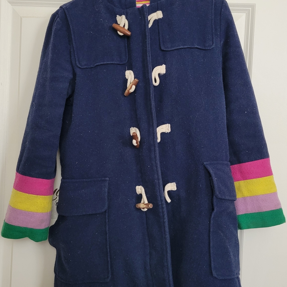 Mini Boden Navy Duffle Coat with Rainbow Stripes